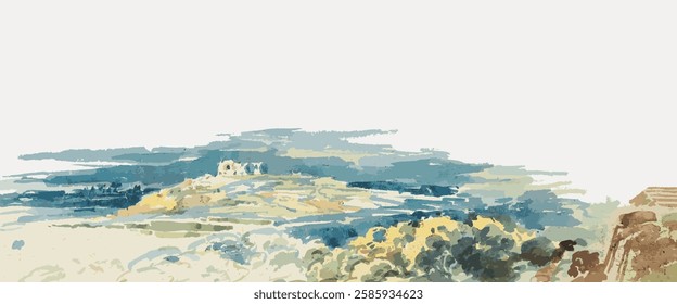 Castle on hill watercolor border illustration, isolated on white, vector