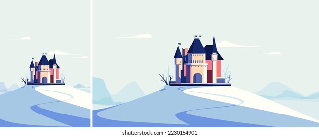 Castle on the hill in winter season. Landscape with medieval building in different formats.