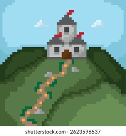 Castle on a hilltop path. Vector illustration