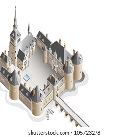 Castle on the island - white background. Fantasy. isometry