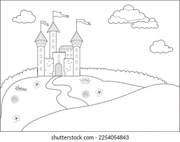 castle on the mountain childrens coloring book, vector