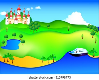 A castle on a mountain and a cruise ship on a lake shore.