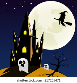 Castle up on the mountain night sky and big moon background halloween. Vector illustration