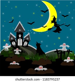 Castle on the mountain, shadow of witch, moon and bat, green background, vector image