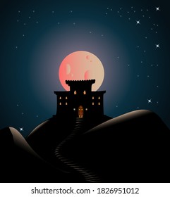 Castle on mountains vector illustration for greeting cards and posters.