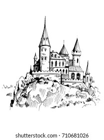 Castle on a rock. Hand drawn illustration converted to vector