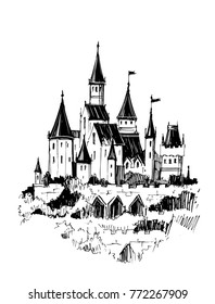 Castle on a rock. Hand drawn illustration converted to vector
