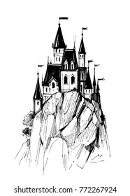 Castle on a rock. Hand drawn illustration converted to vector