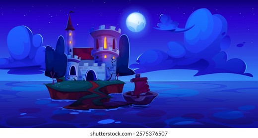 Castle on sea island at night. Vector cartoon illustration of fairytale scenery with dark seascape, medieval stone building with towers, gate and windows, wooden pier, sailboat on water, moon in sky