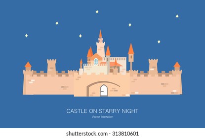 Castle on starry night, Flat design vector illustration
