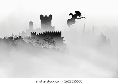 Castle on the top of mountain with forest under the fog clouds and dragon flying in the sky near the fortress. Vector black and white silhouette illustration.  