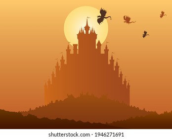 Castle on the top of mountain with forest under the fog clouds and dragon flying in the sky. Vector illustration.