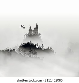 Castle on the top of mountain with forest under the fog clouds and dragon flying in the sky near the fortress. Vector medieval landscape with impregnable fortress and clouds of mist around it.