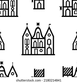 Castle on a white background. Silhouette of houses. Seamless vector pattern.