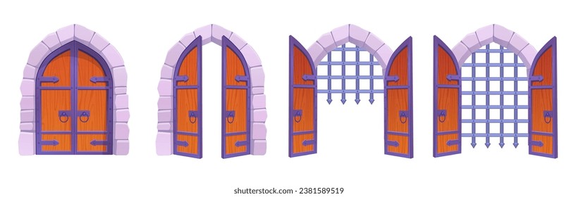 Castle opening gate. Open closed wooden door steel fortification, european medieval stronghold gates stone doorway cellar dungeon entrance animation, vector illustration of castle closed gate and open