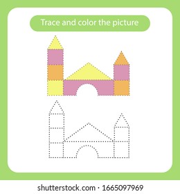 Castle out of blocks toy with simple shapes. Trace and color the picture children s educational game. Handwriting and drawing practice. Toys theme activity for toddlers, kids. Vector illustration.