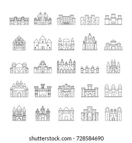 Castle outline icons set vector illustration for design and web isolated on white background. Castle vector object for label and advertising