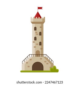 Castle or palace with gates, old historic fort with flag, fairy tale building, element for computer game. Medieval stone tower cartoon illustration. Fantasy, ancient architecture concept