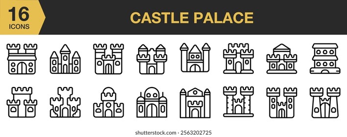 Castle Palace icon set. Includes Architecture, Castle, Cultures, Palace, Royal, and More. Outline icons vector collection.