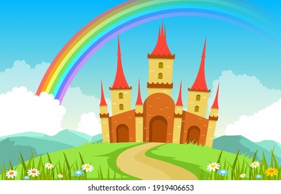 El arcoiris del palacio del castillo en el paisaje de hadas de Fairyland Ilustración