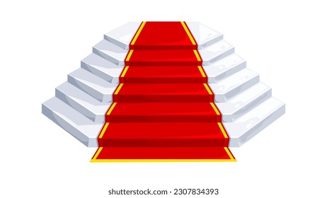 Schloss- und Palasttreppe. Marmortreppen mit rotem Teppich, Vektorelement des Interieurs. Cartoon-Treppe des mittelalterlichen königlichen Schlosses, Märchenschloss oder eines Fantasiekönigspalastes. Vorderseite der Treppe aus weißem Stein