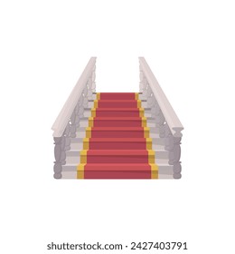 Castle and palace staircase, marble stairs with red carpet. Vintage architecture interior element, theatre entrance. Cartoon royal mansion rocky ladder with rug vector illustration isolated on white