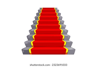 Castillo y escalera de palacio. Escalera de piedra o mármol con moqueta roja. Fantasía escalera de mármol de salón de baile, escalera de teatro o escalera portadora de palacio real, elemento interior de castillo medieval con alfombra roja