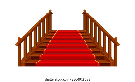 Schloss- und Palasttreppe. Holztreppen mit rotem Teppich aus mittelalterlichem königlichem, fantasievollem und märchenhaftem Innenausbau, Vektorelement. Treppe aus Cartoon-Holz oder Treppe mit Schienen und Balustraden