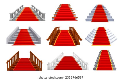 Treppen von Schloss und Palast. Treppe aus Stein und Holz mit rotem Teppich. Fantasy-Ballsaal, Theater oder Königspalast Einzeltreppe, Museumshalle Marmor und Holztreppen mit Teppich und Baluster