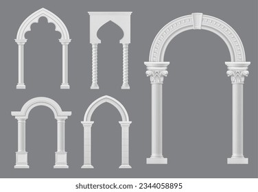 Castle and palace white marble arch, medieval archway or antique greek roman and arabian columns, vector architecture. Medieval arches on pillars, ancient stone entrance gates or marble archway