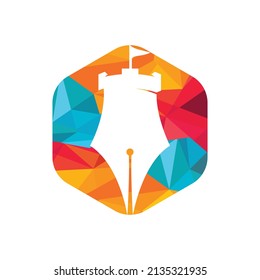 Diseño del logo del vector de educación de la pluma del castillo. Concepto de diseño del logo del escritor del castillo.	
