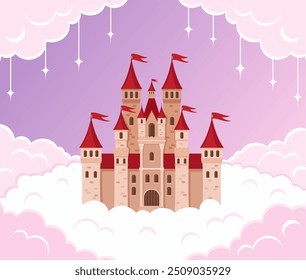 Castle in pink clouds. Flat vector illustration.