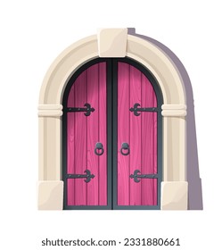 El concepto de puerta de madera rosa del castillo. Puerta a edificio antiguo, puerta y entrada de estilo gótico. Afiche o cartel para el sitio web. Dibujo vectorial plano de dibujos animados aislado en fondo blanco