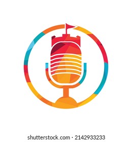 Castle podcast vector logo design. Fortress with microphone vector icon design.	