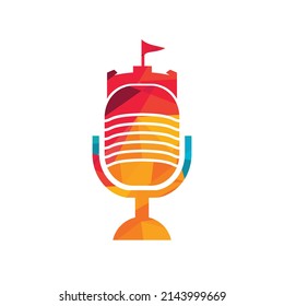 Castle podcast Vektorlogo Design. Festung mit Mikrofon, Vektorsymbol-Design.	