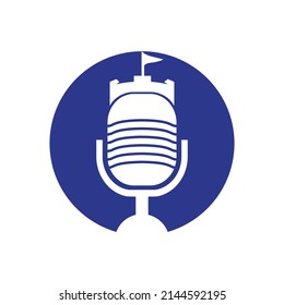 Castle podcast vector logo design. Fortress with microphone vector icon design.	