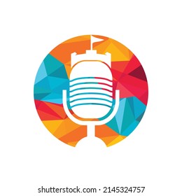 Castle podcast vector logo design. Fortress with microphone vector icon design.	