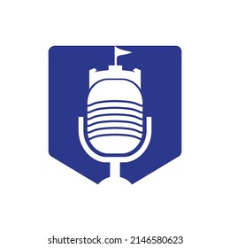 Castle podcast vector logo design. Fortress with microphone vector icon design.	