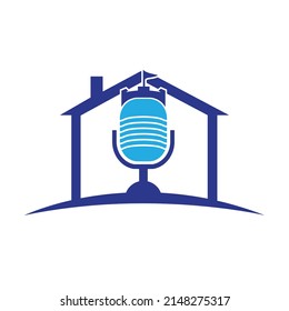 Diseño del logo del vector del podcast del castillo. Fortaleza con diseño de iconos vectoriales de micrófono.	