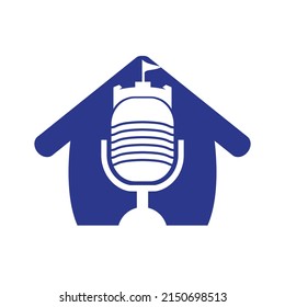 Castle podcast vector logo design. Fortress with microphone vector icon design.	