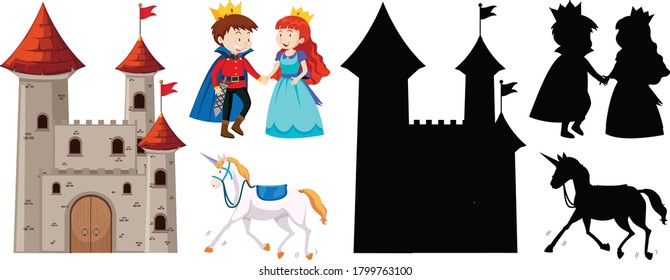 Castle with prince and princess and horse in color and silhouette isolated on white background illustration