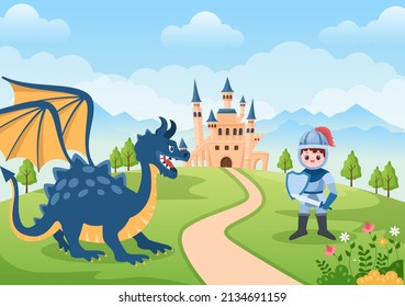 Castle with Prince, Queen and Knight Elements Collection, Majestic Palace Architecture in Cartoon Flat Style Illustration