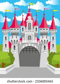 Castle for princess king and queen in middle ages. Building in fairy tale vector illustration in flat style.