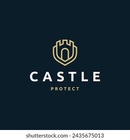 Castle protect line art style logo design template flat vector