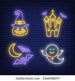 Castle, pumpkin in hat, ghost and bat neon signs set. Halloween party invitation design. Night bright neon sign, colorful billboard, light banner. Vector illustration in neon style.
