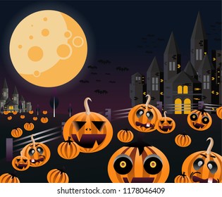 Castle and the pumpkin patch under the full moon