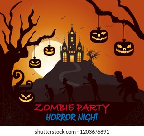Castle, pumpkin, zombie halloween silhouette on dark Colored poster