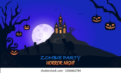 Castle, pumpkin, zombie halloween silhouette on dark colored poster