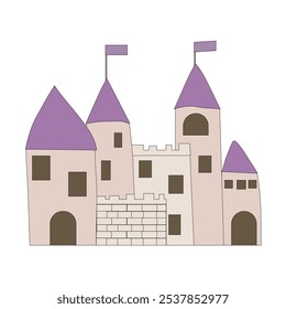 Castle with purple roofs, brown windows, a brick wall a quaint, charming medieval setting suitable for fantasy book covers.