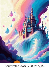 a castle of purple water drops with colorful flowers, 